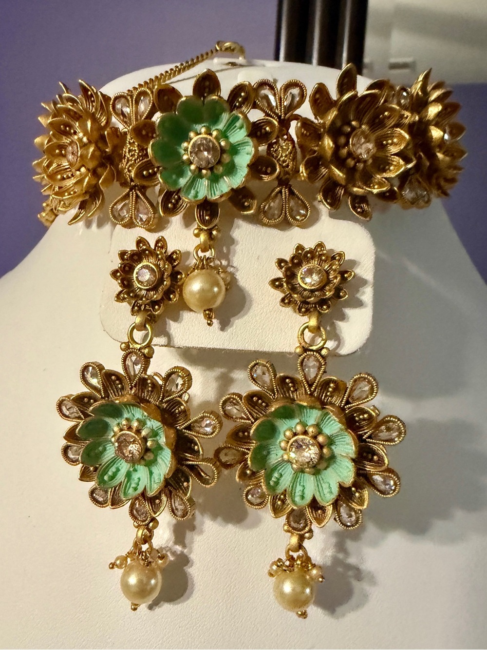 Antique Gold Choker Set with Earrings and Maang Tikka - Mint Green Meenakari Flo